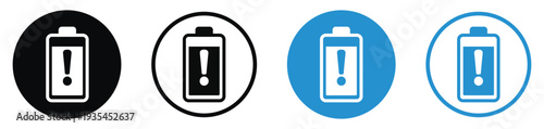 Minimalist battery icons with a wave indicating low fluid/energy and a large exclamation point. Ideal for representing critical battery levels, system errors, or maintenance alerts.