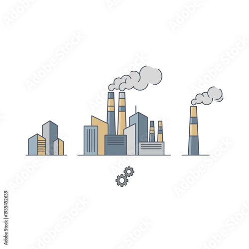 Molten Metal Pouring into Molds, Factory Buildings with Smoking Chimneys, Industrial Scene, Vector Illustration