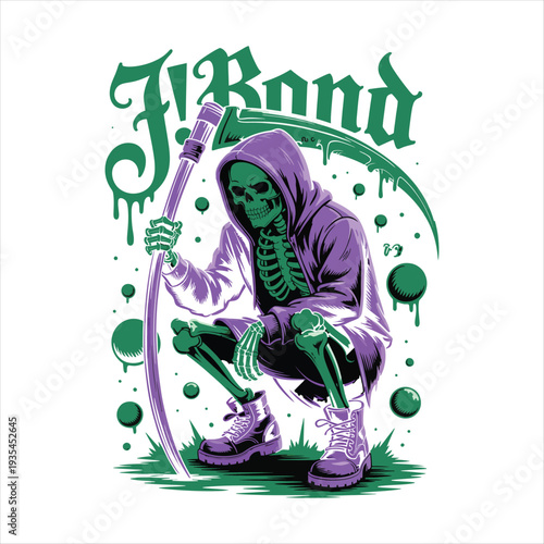 Skeleton Grim Reaper in Hoodie with Scythe on White Background