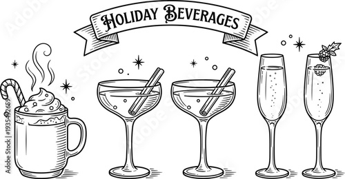Set of hand drawn holiday beverages isolated on white background, including festive cocktails with cinnamon and cocoa with candy cane,