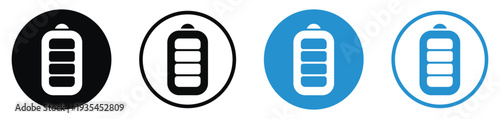 Vector icon set showing a full battery with four bars. Includes black and blue versions in solid and outline circles. Ideal for user interface design and power level indicators.