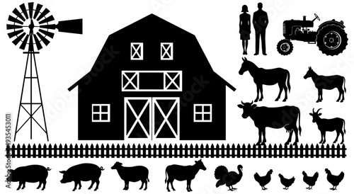 Black and White Silhouette Vector Set of Farm Animals Barn Windmill and Tractor