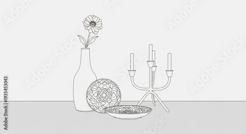 Still life composition with vase and candlestick.
