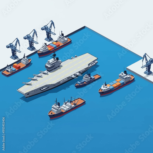 Aircraft Carrier Under Construction with Tugs and Cranes.