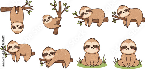 Cute sloth character set featuring various poses sleeping hanging on branches and meditating for nursery decor stickers and children greeting cards.