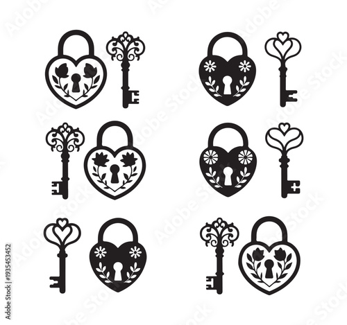 Beautiful antique heart padlock and skeleton key vector silhouette collection with various nature leaf floral decor set.