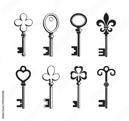 Collection of vintage skeleton keys silhouette set various elaborate key crowns including quatrefoil and heart shapes.