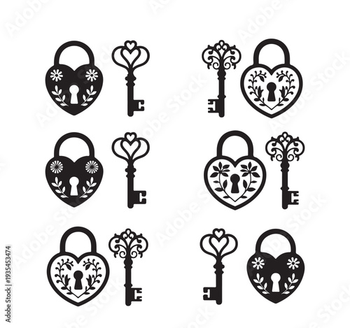 Romantic heart shaped lock and antique skeleton key silhouettes collection decorated with floral patterns vector set.