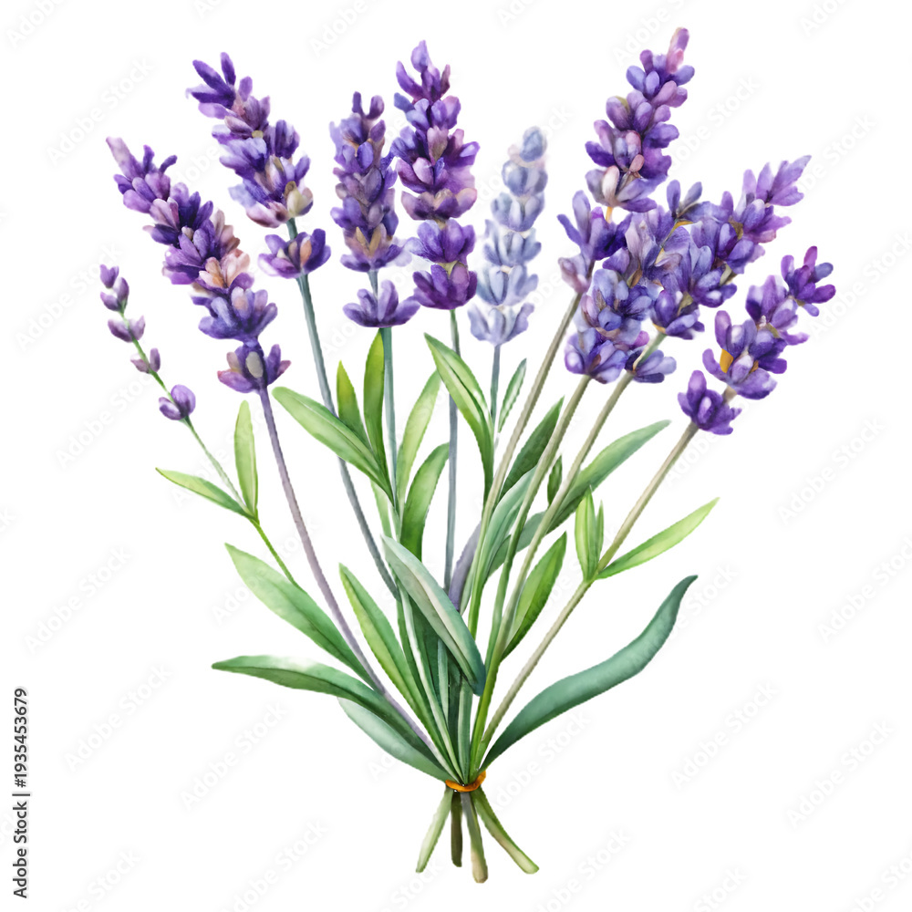 Fototapeta premium Bunch of purple lavender flowers with green leaves on white isolated on a transparent background purple flowers