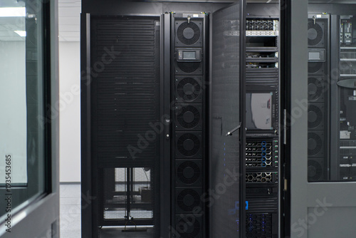 Modern data center with server racks and network equipment inside a secure IT room for enterprise infrastructure