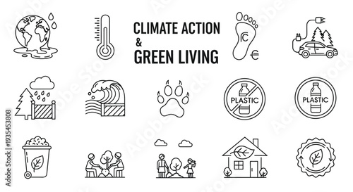 A collection of line art icons illustrating climate action and green living concepts, including global warming, carbon footprint, recycling, and sustainable lifestyle.