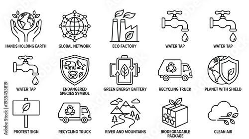 A collection of line art icons representing various environmental concepts such as sustainability, recycling, green energy, water conservation, and nature protection.