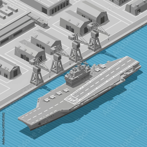 Aircraft Carrier Ship Model Docked Harbour.