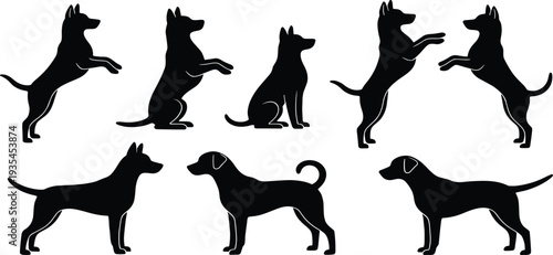 Minimalist Dog Silhouette Vector Set Featuring Various Breeds in Standing Sitting and Playing Poses Isolated on White Background for Pet Care Services and Animal Graphics