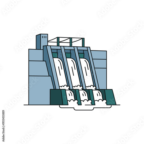 Hydroelectric Dam with Water Flowing Downstream, Renewable Energy Generation, Industrial Landscape, Engineering Marvel, Water Flow.eps