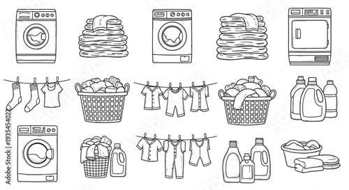 Laundry room elements including machines clotheslines and folded items silhouette