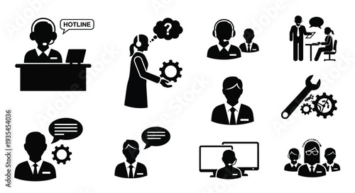 Customer support icons depicting assistance communication and technical solutions silhouette