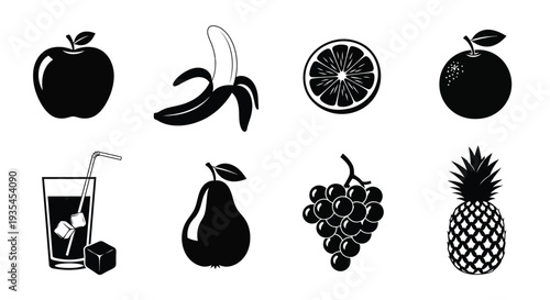 Variety of fruit and juice illustrations in a stark black silhouette