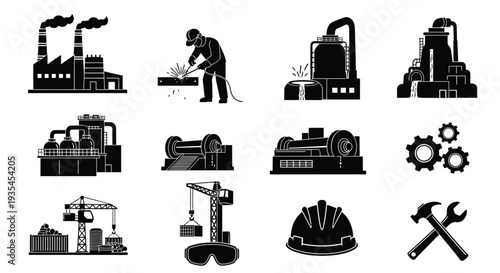 Industrial icons depicting factories workers and equipment in black silhouette
