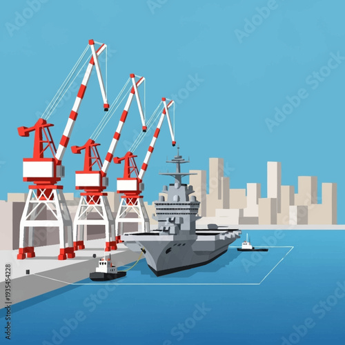 Cargo Ship Docked at Industrial Harbor.