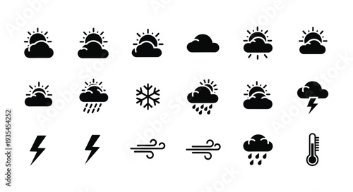 Weather icons depicting sun clouds rain snow and temperature silhouette