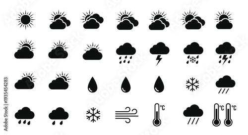 Black weather icons depicting sun clouds rain and temperature silhouette
