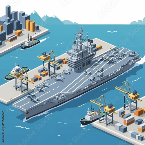 Large Gray Naval Aircraft Carrier Docked.