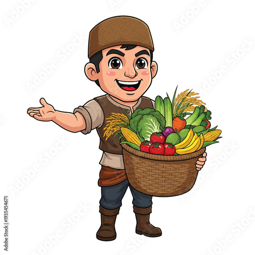 Cartoon farmer holding basket of fresh vegetables and fruits