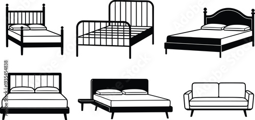 Minimalist Furniture Icon Set Featuring Modern Bed and Sofa Outline Vectors for Contemporary Interior Design, Home Decor, Bedroom Layouts, and Architectural Plan Graphics