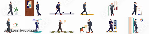 Professional communication with walkie-talkie: illustrations of a businessman in various settings.