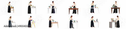 Collection of illustrations: Diverse women watering potted plants on various desks and tables, promoting office greenery, wellbeing, and mindful remote work.