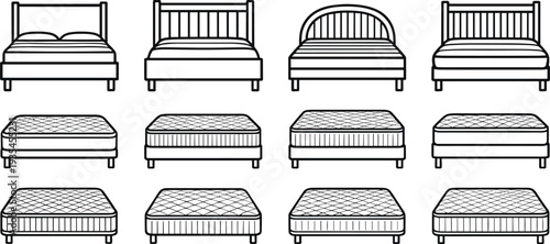 Minimalist Furniture Icon Set Featuring Modern Bed Frames and Quilted Mattress Outline Vectors for Bedroom Interior Design, Home Decor, and Furniture Retail Catalog Graphics
