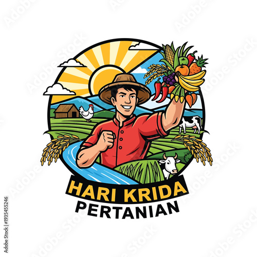 Farming Man Hoisting Harvest with Sunlit Field and Farm Animals