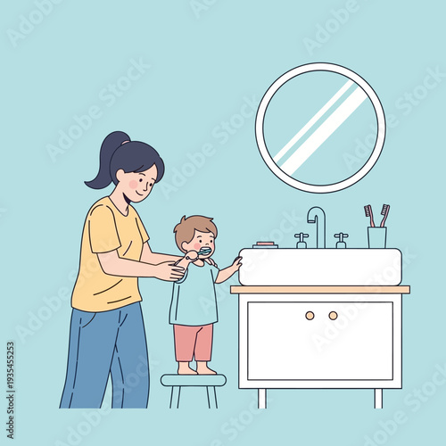 Mother and child brushing teeth together in bathroom.