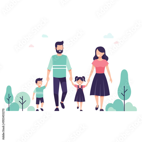 Happy family walking together in a park.