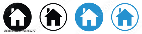 Simple house and home vector icons for real estate and apps. Residential building symbols in black and blue circular styles. Homepage and property management graphics for web and mobile UI.