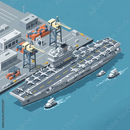 Aircraft Carrier in Harbour with Support Ships.