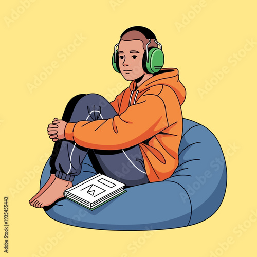 Young man relaxing on a bean bag chair listening to music.