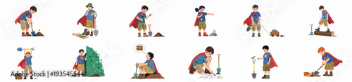 Young boys in superhero capes embarking on a treasure hunt adventure, digging for hidden riches and exploring the outdoors with maps and shovels.