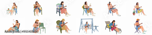 Diverse scenes of a relaxed young woman playing ukulele, enjoying music and leisure in various casual and outdoor settings.
