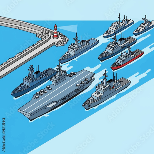 Aircraft Carrier with Escort Ships at Sea.