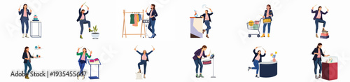 Dynamic woman using drumsticks in various retail and commercial settings, symbolizing active engagement, sales, and modern shopping experiences.