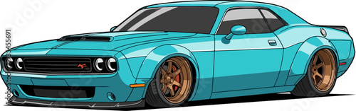 Vibrant teal sports car illustration showcasing sleek design, modern vehicle, vibrant colors, dynamic wheels, and sporty features from a frontal perspective