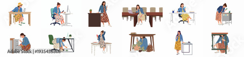 Woman using smartphone in diverse office settings and poses, highlighting technology integration in modern work life.