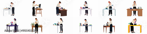Women diligently cleaning office phones and desks, promoting a hygienic and organized workplace. Illustrations show employees maintaining a tidy and sanitized environment for health and productivity.