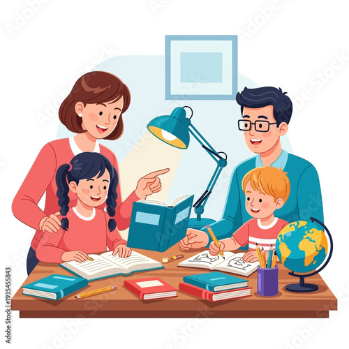 Parents helping children with homework at home.