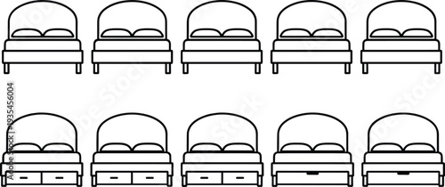 Minimalist Furniture Icon Set Featuring Modern Bed Frames with Storage Drawers and Simple Headboard Outline Vectors for Bedroom Interior Design and Home Organization Graphics