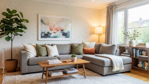 Cozy living room with sectional sofa, abstract art, warm light, and houseplant