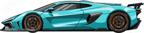 A sleek, teal sports car speeding down a track, viewed from the side with a dynamic, aerodynamic design.