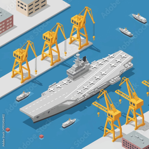 Large Gray Ship with Yellow Cranes.
